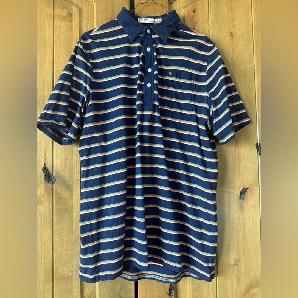 Criquet Blue Polo with white, green and orange Stripes